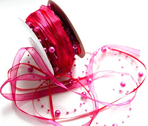 CaPiSo 10m Schleifenband 3-teilig mit Organza und 4mm Perlen Dekoband Trendyband Perlenband Perlen am Band (Fuchsia)