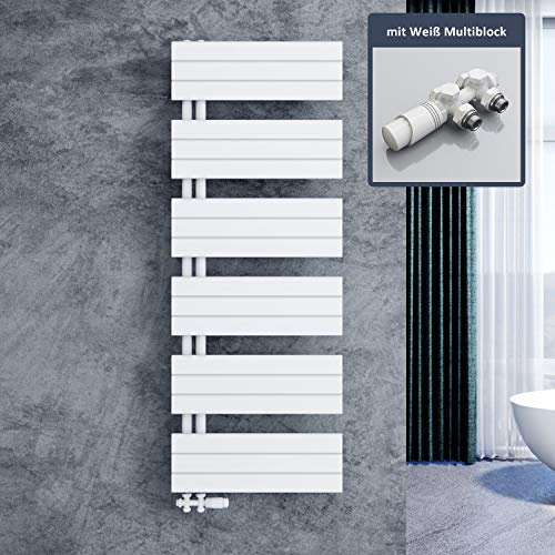 Elégant Radiateur sèche-serviettes design avec raccordement à gauche ou à droite Blanc 1590 x 600 mm Avec thermostat multibloc blanc