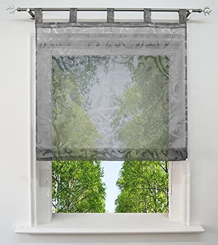 Raffrollo mit Ausbrenner Design Fenster Gardine Voile Raffgardinen mit Schlaufen (Grau, BxH 120x150cm)