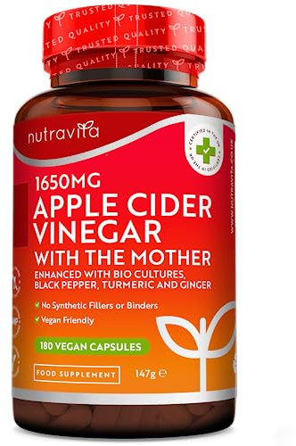 Raw Apple Cider Vinegar 1650MG with The Mother - High Strength - 180 Vegan Capsules (Not Tablets) - Boosted with Turmeric, Black Pepper & Ginger - Perfect for Keto Diet - Made by Nutravita