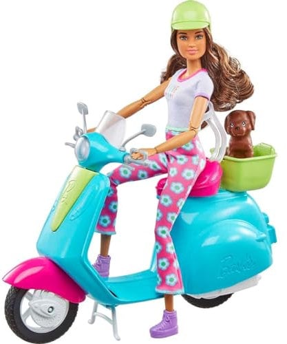 Barbie Fashionistas Puppe & Roller, Reise-Spielset mit Aufklebern, Haustierwelpe & Themen-Zubehör wie Karte & Kamera (Amazon Exclusive)