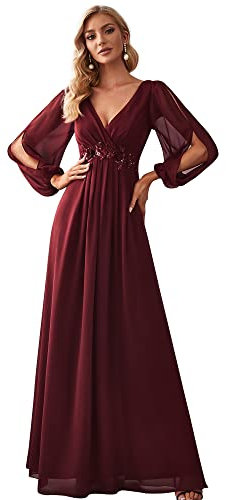 Ever-Pretty Women's Elegant A-Line Deep V-Neck Appliques Pleated Long Sleeve Bridesmaid Dress Burgundy 26UK