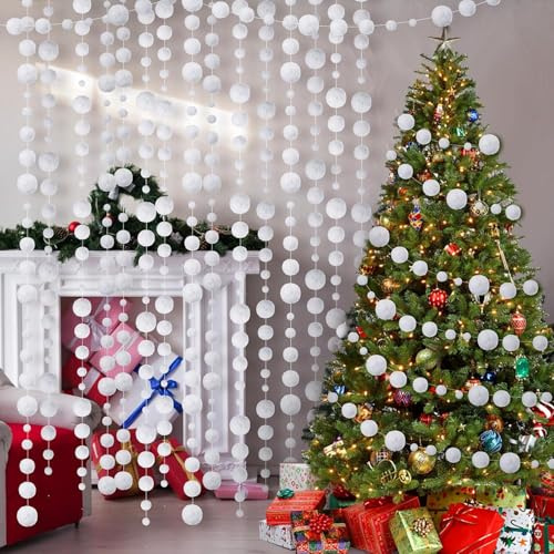 Tegeme 12 Pcs White Pom Pom Garland Christmas Felt Ball Garland Winter Snowball White Xmas Snow Ornaments Handing Ball Decorations for Xmas Tree Mantle Wall Holiday Party Birthday Banner Boho Decor