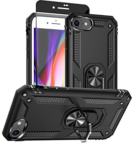 Aozuoton iPhone SE 2022/2020, 8/7 Case With HD Screen Protector - Military Grade 16ft. Drop Tested Ring Shockproof Protective Phone Cover, Black