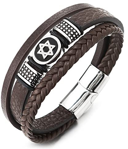 COOLSTEELANDBEYOND Herren DREI Stränge Braun Geflochtene Lederarmband Armband mit Edelstahl Davidstern Ovalen und Punktiert Wulst Charme