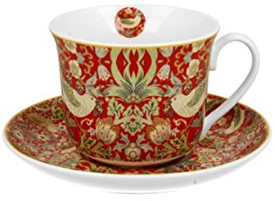 DUO ART GALLERY Jumbobecher 400 ml STRAWBERRY THIEF RED mit Untertasse, New Bone China Porzellan