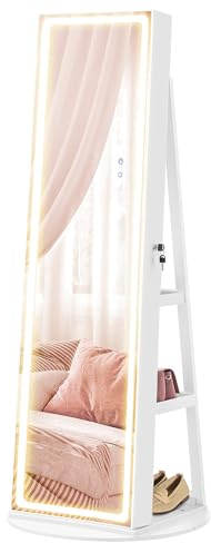 SONGMICS LED Jewelry Cabinet Standing, Lockable Armoire With Full-Length Mirror and Adjustable Lights, Space-Saving Organizer, Gift Idea, Cloud White UJJC008W01