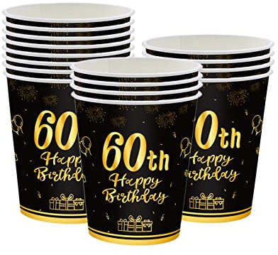 16Pcs Black Gold 60th Birthday Paper Cups,Birthday Tableware Party Cups Disposable,Happy 60th Birthday Table Decorations Cup Birthday Gifts for Women,Men,Ladies,Him,Her 60th Birthday Party Décor