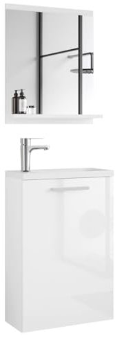 MINIO - Badmöbel Set mit Waschbecken 40cm I 4-tlg. Badmöbel Set für Badezimmer WC I 1x Waschbecken, 1x Unterschrank 1x Badspiegiel 1xBadarmatur I Weiß Matt/Weiß Hochglanz