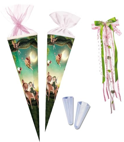 Nestler Schultüten-Set zum Befüllen, Handgemachte Zuckertüte aus Karton - Motiv Waldfeen, Schultüte, Spitzenschutz, Schleife (85 cm 6-eckig)