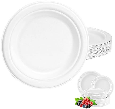 ATBEAMEN 50Pack Disposable Paper Plate Heavy Duty Paper Plates 6 inch,Extra Strength White Disposable Paper Plate for hot food Super Rigid Strong Plates Bagasse Plates 15.2cm for Christmas,Birthday,Picnic,BBQ