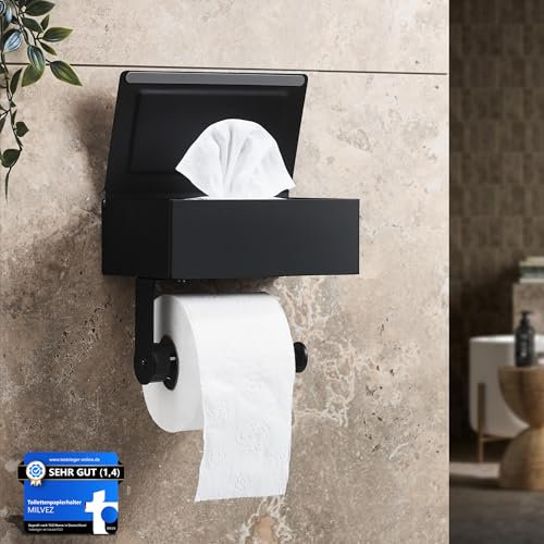 MILVEZ® - Klopapierhalter ohne Bohren, Toilettenpapierhalter mit Feuchttücherbox & Dämpfer, Klorollenhalter Edelstahl Schwarz, WC-Papierhalter, Ablage