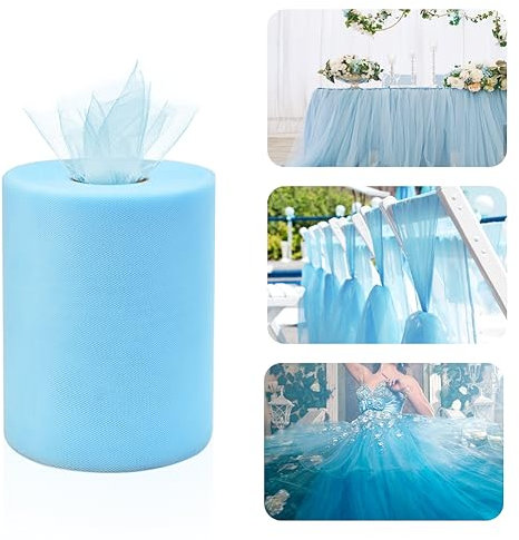 QINERSAW Rouleau de Tulle Bleu en Polyester Grand Rouleau de Tulle bleu Mariage 92m*15cm Bobine Tulle bleu Voiture Tulle bleu en Rouleau Ruban Tulle bleu pour Tutu Banquet Mariage Artisanat DIY