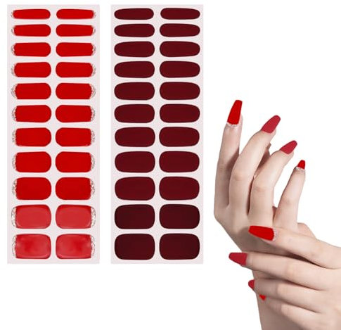 2 Pcs Contains 44 Red Nail Wraps Set, 22 Gold Red Gel Nail Stickers & 22 Burgundy Nail Polish Stickers, Self-Adhesive Nail Strips