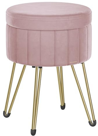 SONGMICS Storage Ottoman, Velvet Dressing Table Stool, 39 x 44.4 cm (Dia. x H), Round Storage Stool Seat, 4 Metal Legs, for Dressing Room, Living Room, Bedroom, Jelly Pink LOM003R51