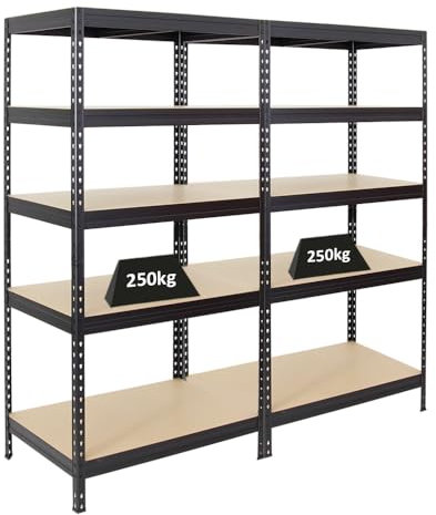 PROREGAL Mega Deal 2er-Set Schwerlastregal Rivet | HxBxT 180x90x60cm | Fachlast 250kg | Schwarz | Innovatives Stecksystem, Verzinkt, Garagenregal, Lagerregal, Kellerregal