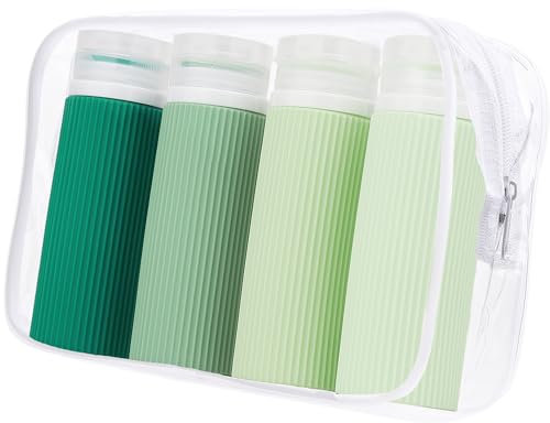Flacon Voyage Silicone 100 ml Portable Contenant Bouteilles Kit 4 Pièces Travel Bottles avec Sac Transparent (Vert)