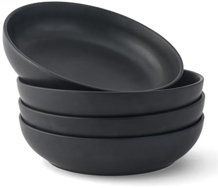 JoyJolt Mesa 40oz Stoneware Serving Bowls, Set of 4, Large Salad Pho Soup Bowls, Dishwasher and Microwave Safe, Black, Modern, Farmhouse Chic Style, 4E+1 Fluid Ounces, Wide Shallow Shape