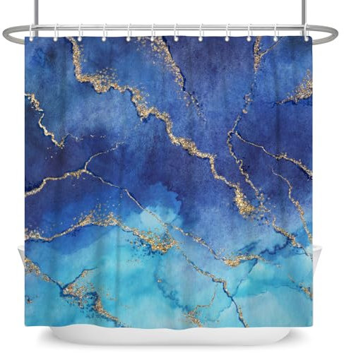 ASDCXZ Marmor Duschvorhang Blau 180x180 cm, Modern Abstrakt Verlauf Blau Gold Marmor Optik Textur Waschbar Bad Duschvorhänge Polyester Textil Wasserdicht Duschvorhang für Badewanne mit 12 Haken