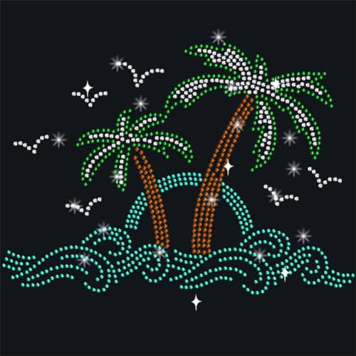 NBEADS Aufnäher zum Aufbügeln, Motiv: Palme, Wellen, Strass, 21 x 29,7 cm, glitzernd, Strand-Thema, Wärmeübertragung, Aufkleber, Reparatur-Applikation für Kleidung, Hosen, Taschen, DIY-Zubehör, bunt