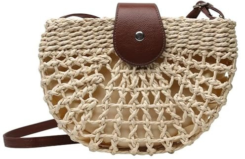 MBACODAI Sac de paille d'été for femmes, sacs à bandoulière en demi-cercle, sacoche faite à la main, sacs de voyage de plage, fourre-tout(Color:Beige)