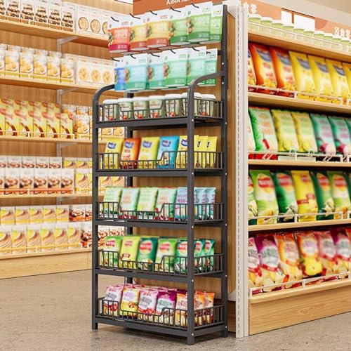 Snack-Regal im Supermarkt Kommerziell Verkaufsständer für den Einzelhandel 4 Etagen, Metall Supermarkt-Snack-Regal für Zuhause Vorratskammer Speichert Theater, Chipstüten-Organisatormit Geländer(Black