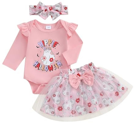 ESSECMBS 3 Pezzi Vestito di Halloween Pagliaccetti Neonata Neonato Bambina Costume da Zucca per Halloween Vestito Battesimo Bimba Gonna a Bretella Costumi di Halloween Vestiti（Rosa, 12-18 Mesi）