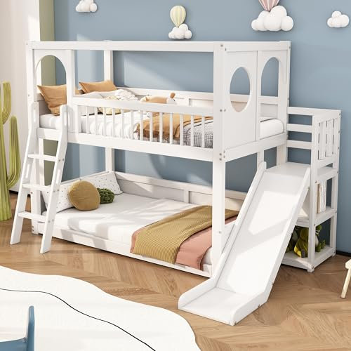 Rtopsu Etagenbett Kinderbett 90x200 cm, Hochbett mit Rutsche und Treppe, Holzbett mit Stauraum Bücherregal, Bett Bettgestell mit Rausfallschutz, Hausbett für 2 Kinder, Weiß 1, Ohne Matratze
