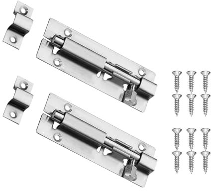 2 Pcs Door Lock Bolts, Stainless Steel Door Latch Slide Bolts Lock with Screws, Security Slide Latch Lock, Silver Door Latch Slide Bolts Lock for Bathroom Bedroom Home Toilet Yard Garden