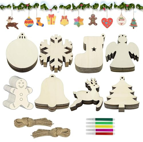 FiveMileBro 40 Stück weihnachtskugeln holzanhänger mit juteseil & 5 marker,diy zum bemalen und aufhängen holzanhänge, 8 weihnachtsmuster, für weihnachten geschenke diy basteln, weihnachtsdeko (A)