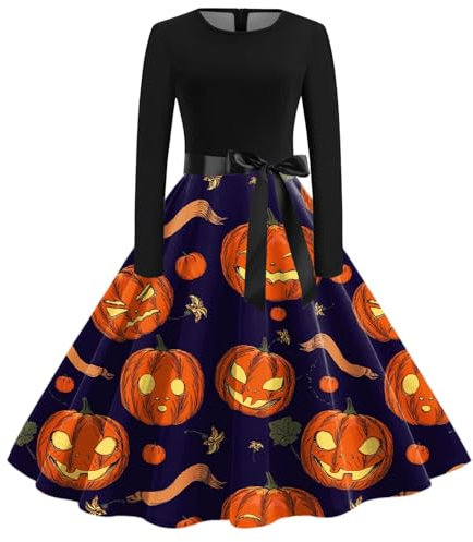 Blitzangebote des Tages Halloween Kostüm Frauen Vintage 2000er Partykleid Kürbis Fledermaus Kleid Elegant Langärmeliges Abendkleider Geisterbraut Schädel Kleider Gruselig Knielang Faltenrock