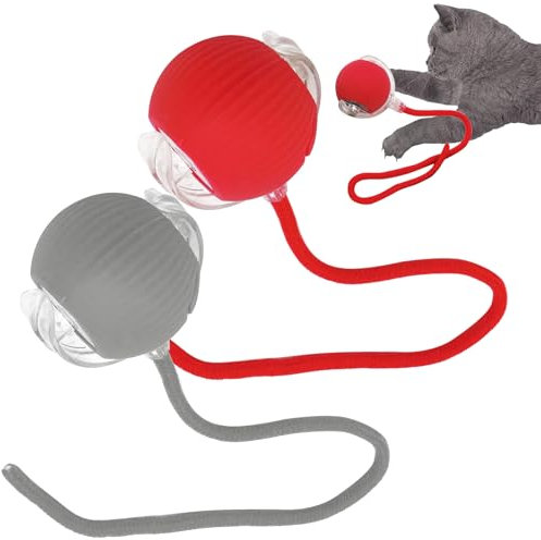 SORNEICDR Pelota Interactiva Con Cuerda para Perros y Gatos - Bola de Rodadura Automática Inteligente 360° (Rojo+Gris)