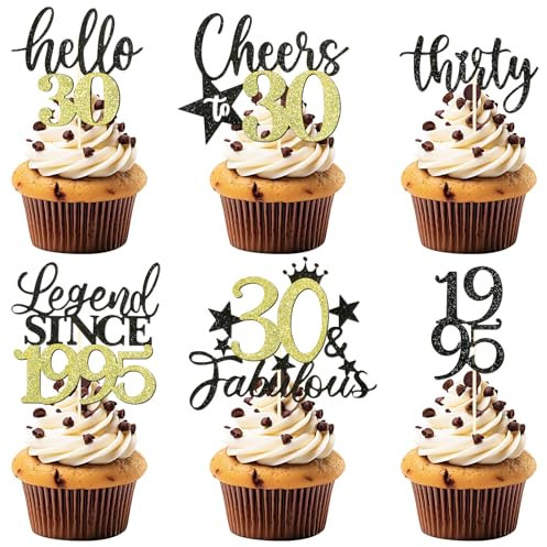 BOOMTOP 24Pcs 30th Birthday Cupcake Toppers Black Gold Glitter Thirty Hello 30 Cheers to 30 Legend Since 1995 Cupcake Picks 30 Fabulous Cake Decorations for 30th Birthday Anniversary Party