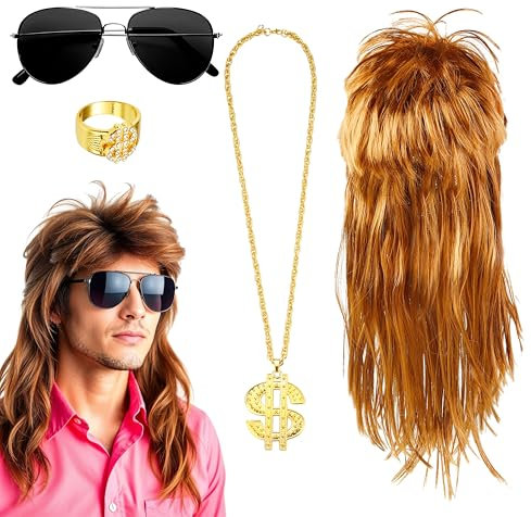 4 in 1 Vokuhila 80er 90er Kostüm Set - Goldkette, Brille mit Assi Perücke & Dollar Ring für Fasching & Karneval - Herren & Damen