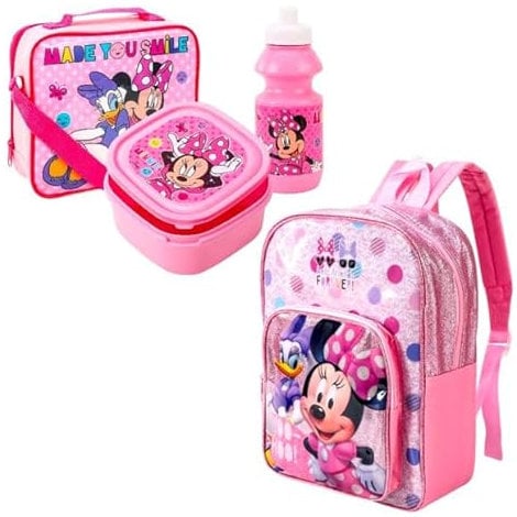Top Linen Minnie Mouse Character 4 Piece Set Boys Kids Backpack with Side Pocket School Bag + Lunch Bag + Sandwich Box +Water Bottle