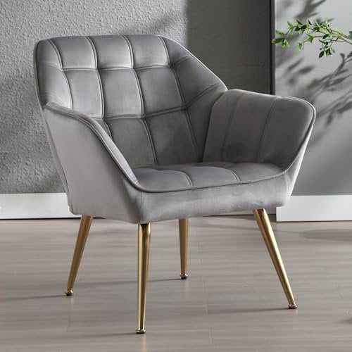 Ya-Home Akzentstuhl Sessel, Gepolsterter Armlehnstuhl Lesestuhl mit Metallbeinen aus Samt, Lesestuhl Einzelsofa Fernsehsessel für Wohnzimmer Schlafzimmer Lounges, Grau