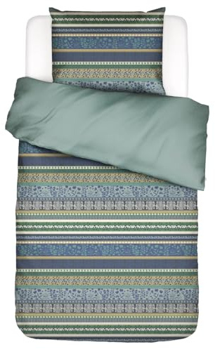 ESSENZA Bettwäsche Lita Surf Grün Flanell Streifen Geblümt Blumen Floral Gestreift Bunt Wendedesign Winter, Größe:155 cm x 220 cm