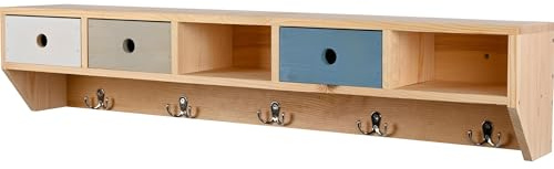 dobar® green label Große Wandgarderobe aus Holz mit Schubladen - Garderobenleiste mit Aufbewahrungsregal - Hängeregal Groß mit Kleiderhaken für die Wand - 95 x 18 x 20 cm - Dreifarbig