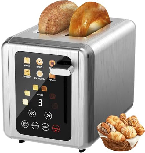 6 In 1 Electric Smart Toaster 2 Slice with Wide Slots, Defrost Functions, Timer, 6 Bread Types & 6 Shade Settings, Stainless Steel Digital Bread Toaster 2 Slice with Touch Screen