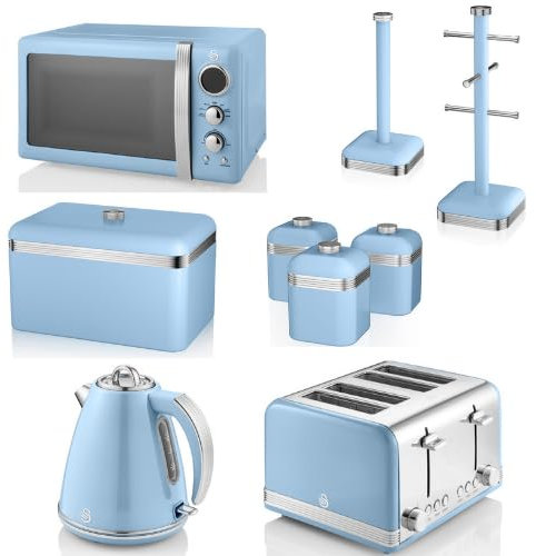Swan Retro Blue 1.5L 3KW Jug Kettle, 4 Slice Toaster, 800W 20L Digital Microwave, Bread Bin, Canisters, Mug Tree & Towel Pole. Matching Retro Kitchen Set of 9 in Vintage Blue