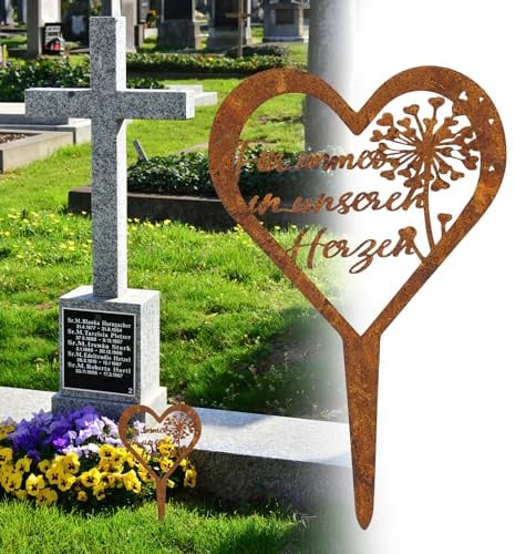 Grabschmuck Wetterfest Metall, Grabstecker Herz mit Spruch „Für immer in unseren Herzen“, Grabdekoration Rostoptik, Wetterfeste Grabstecker für Friedhof, Gedenkstätten & Garten(28 × 18 cm, Braun)