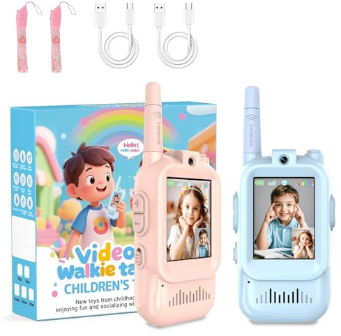 Walkie-talkie video per bambini, confezione da 2 walkie-talkie video ricaricabili per bambini con display e effetti vocali, giocattoli per interni ed esterni per bambini e bambine dai 3 ai 12 anni