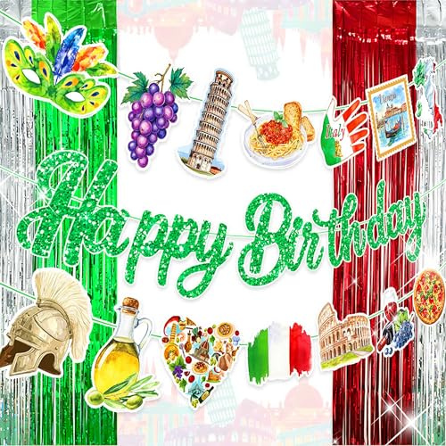 Italienische Themen-Geburtstagsparty-Dekorationen, italienische Girlande, Banner, schiefer Turm von Pisa, Banner für Pizza, Buon Compleanno, Geburtstagszubehör