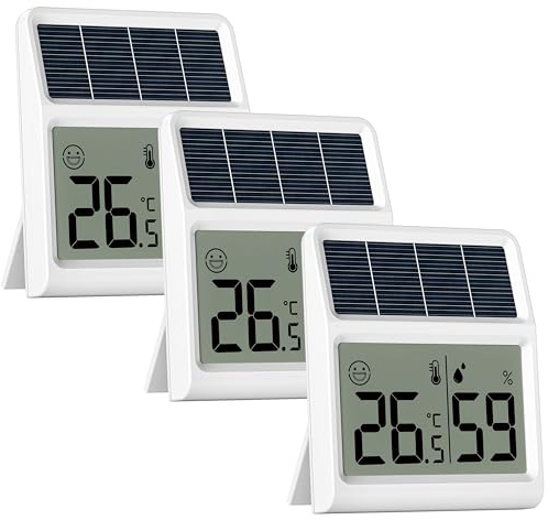 Solar Thermometre Humidimetre, Alimentation par la lumière naturelle intérieure sans batterie, Thermomètre Hygromètre Digital, Hygrometre Interieur