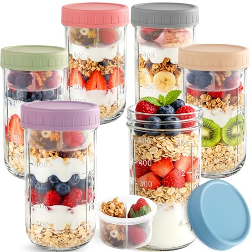 Otauoaea 6 Stück Overnight Oats Gläser 640ml Meal Prep Gläser mit Schichtung,Overnight Oats Behälter mit Schraubdeckel,Trocken und Nasstrennung Müslibecher to Go Joghurtbecher für Salat,Joghurt,Müsli