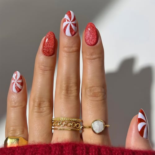 Auroriel 24 Stück Candy Crush Weihnachtsnägel Kurze Oval Form Kunstnägel Mit Zuckerstangen Muster Samt Optik Salon Qualität Festtag Nagelset