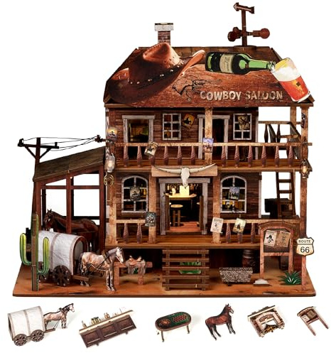 NookMaster Book Nook Bausatz mit LED 3D Holzpuzzle Western Saloon | Cowboy Saloon Western-Saloon Diorama Modellbausatz Buchstütze, Miniatur Puppenhaus Bücherregal Deko Geschenk für Erwachsene