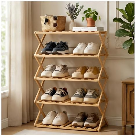 KOMTWNM Schuhregal Bambus mit 5 Ebenen, Faltbar, Schuhorganizer Platzsparend, Ohne Installation, Schuh Regal Holz für Flur, Dielen, Schlafzimmer, Wohnzimmer