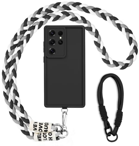 AICISINGN Handyhülle für Samsung Galaxy S23 Ultra Hülle mit Band und Armband, Handykette Schutzhülle mit Schnur Kordel zum Umhängen Schwarz TPU Weiche Cover Case für Samsung S23 Ultra, 07