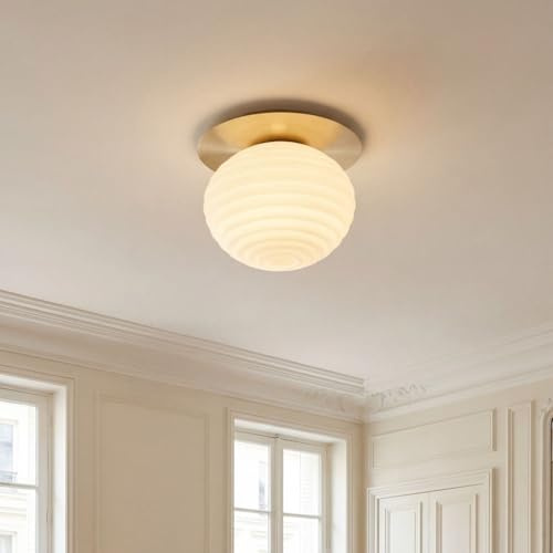 Licht-Erlebnisse Deckenleuchte Modern Gold Weiß Metall Glas geriffelt Strukturglas Wohnzimmer Flur Ø35 cm rund E27 dekorativ blendarm Deckenlampe Schlafzimmer